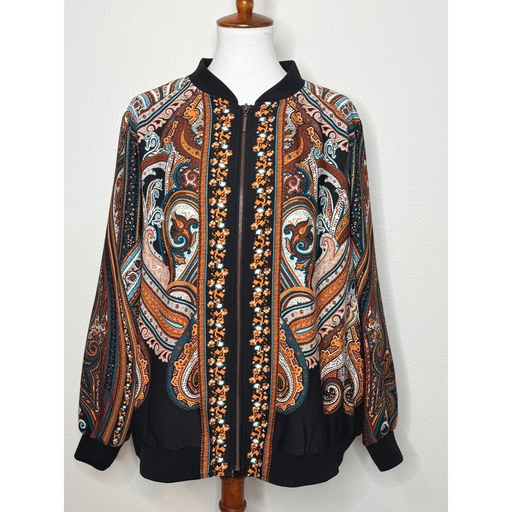 SUSAN GRAVER Paisley Bomber Jacket 2X Browns Colorful Lightweight Boho Pockets